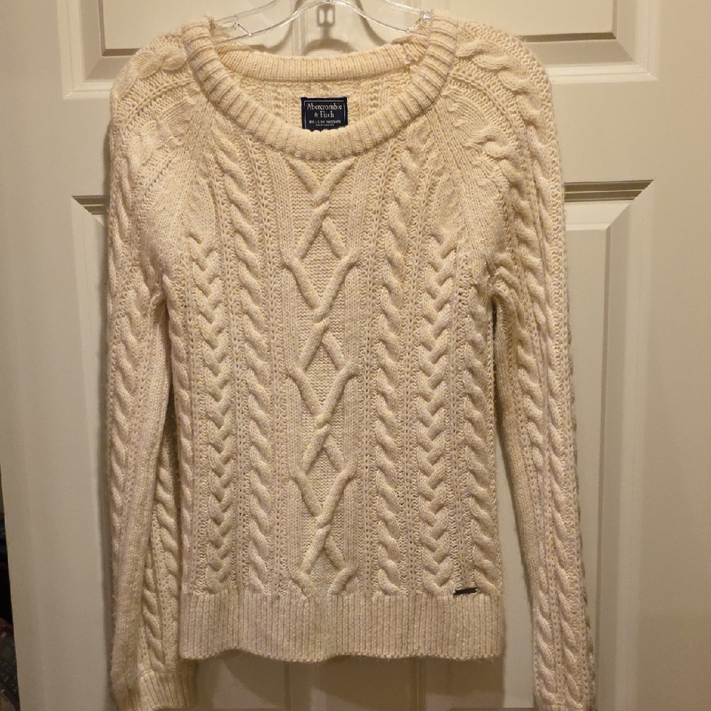Abercrombie‎ & Fitch Cream Cable Knit Crewneck Sweater Size M- Y2K Vintage Style